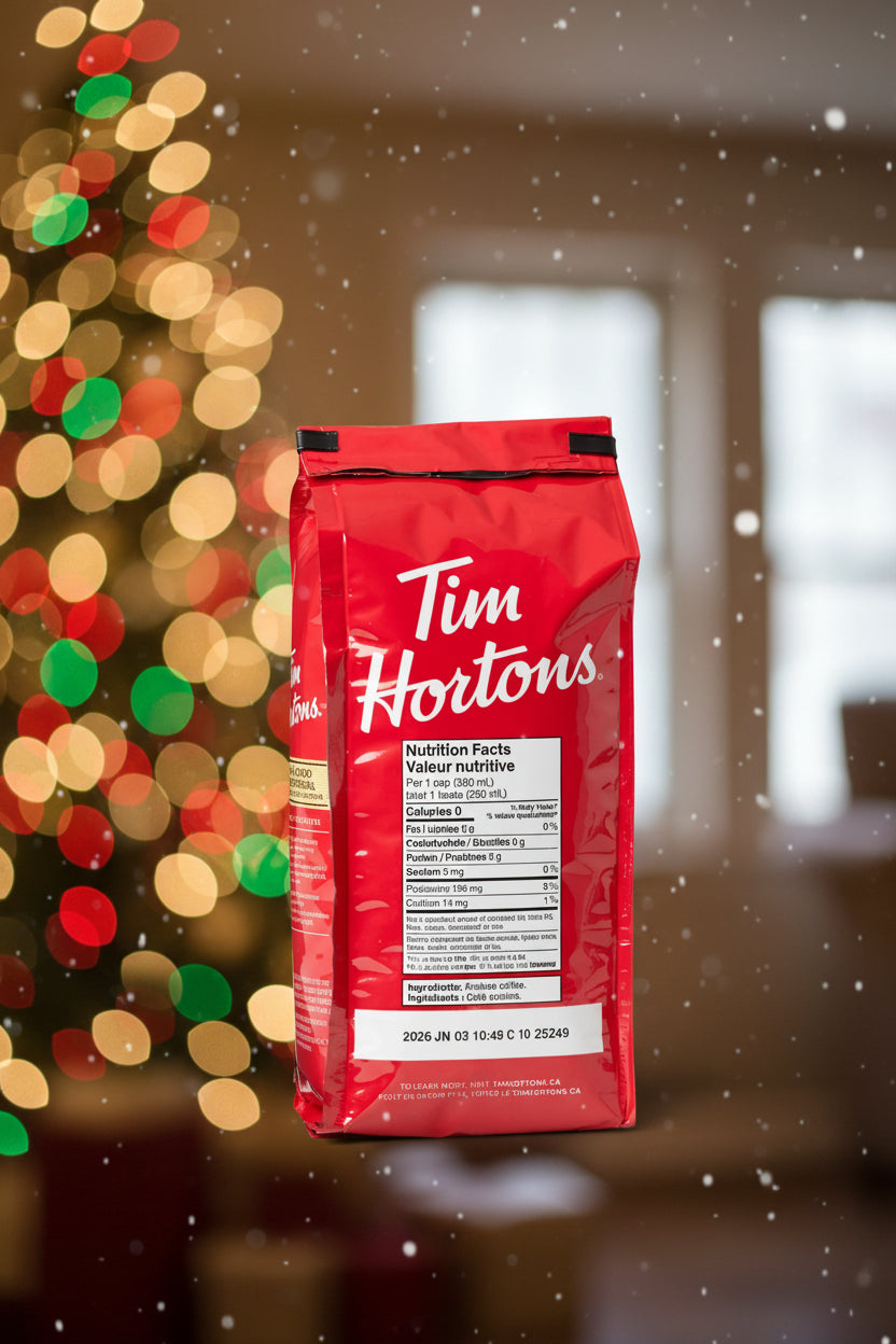 A red bag of Tim Hortons coffee on a solid light gray background, showing the back of the package with the white Tim Hortons logo and nutrition facts label.