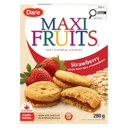 Dare Maxi Fruits Strawberry soft oatmeal cookies in a 280 g box. The packaging features a cream background with colorful 'MAXI FRUITS' lettering, images of strawberry-filled cookies, fresh strawberries, and oats, and a red 'Strawberry' banner.