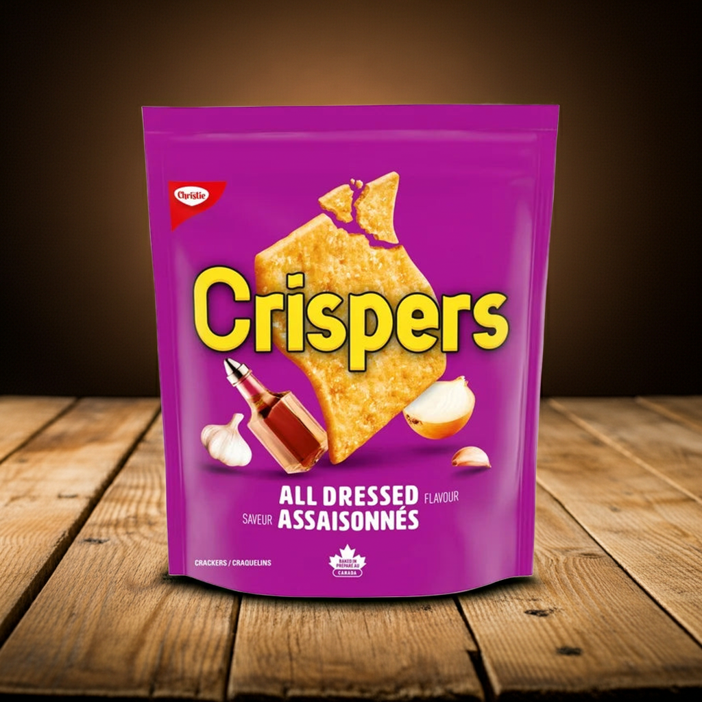 Purple package of Crispers All Dressed flavor on a wooden surface with a dark background