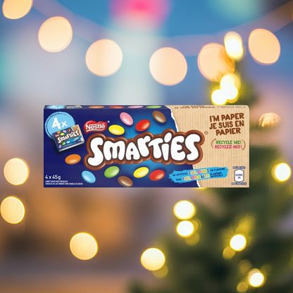 A box of Nestle Smarties candy is centered against a festive, blurred holiday background with warm bokeh lights and a Christmas tree. The packaging features the classic blue and brown design with colorful candy illustrations and French text.