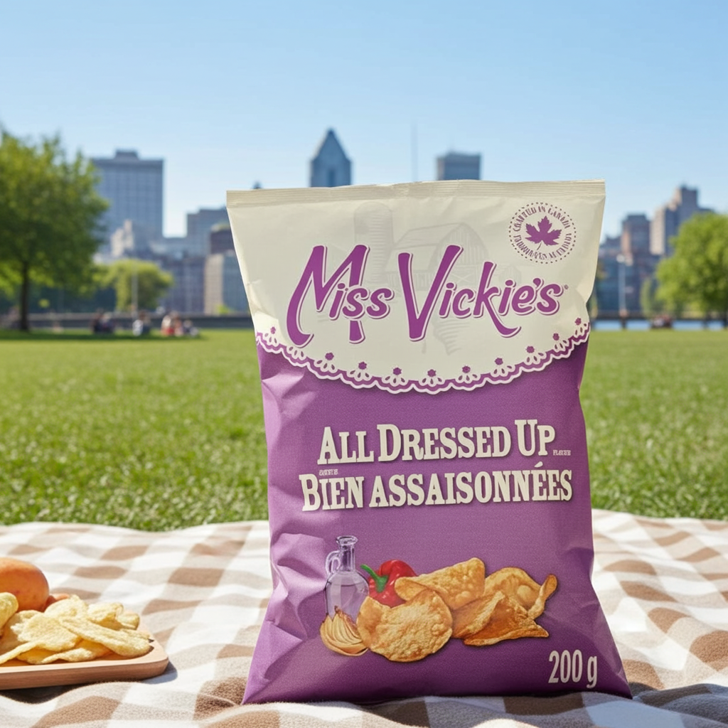 A bag of Miss Vickies All Dressed Up potato chips sits on a checkered picnic blanket in a park, with a blurred city skyline and green lawn in the background.