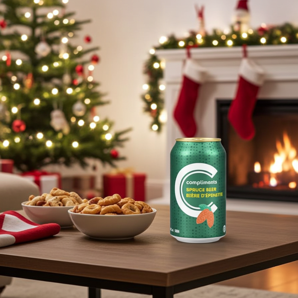 A green can of Compliments Spruce Beer is displayed on a wooden table in a cozy, festive living room setting with a Christmas tree, stockings, and a fireplace in the background.