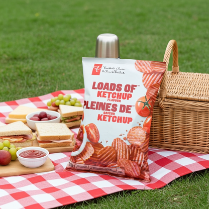 A bag of Ziffry's 'Loads of Ketchup' potato chips stands on a red-and-white checkered picnic blanket on green grass, surrounded by a wicker picnic basket, sandwiches, grapes, cheese, and small bowls of food.
