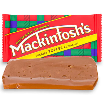 Mackintosh's creamy toffee candy bar with red packaging featuring the brand name.