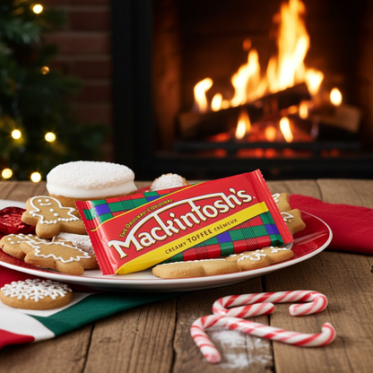 A festive holiday scene with a plate of decorated cookies in front of a burning fireplace. A red and yellow packet of Mackintosh's Cream Toffee Caramel is placed on the plate, with candy canes on the wooden table nearby.