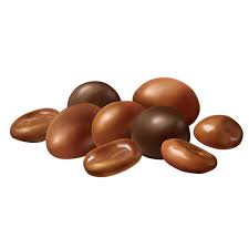 A pile of glossy brown chocolate-covered coffee beans on a plain white background.