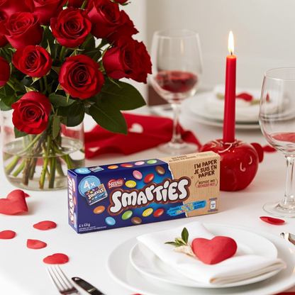 A box of Smarties candy placed on a Valentine's Day table setting with red roses, wine glasses, a lit candle, and heart-shaped decorations.