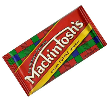 Mackintosh's creamy toffee package with red and yellow design on a white background