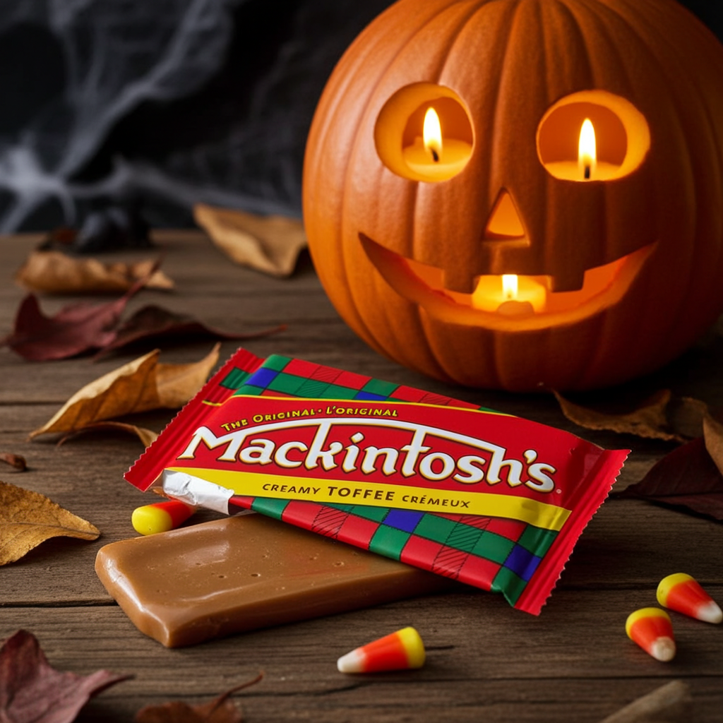 A package of Mackintosh's Creamy Toffee Crèmeux candy lies on a wooden surface with a piece of the toffee candy exposed and several candy corn pieces nearby. A carved orange pumpkin with lit candles inside sits in the background, along with scattered autumn leaves and dark cobweb-like decor.